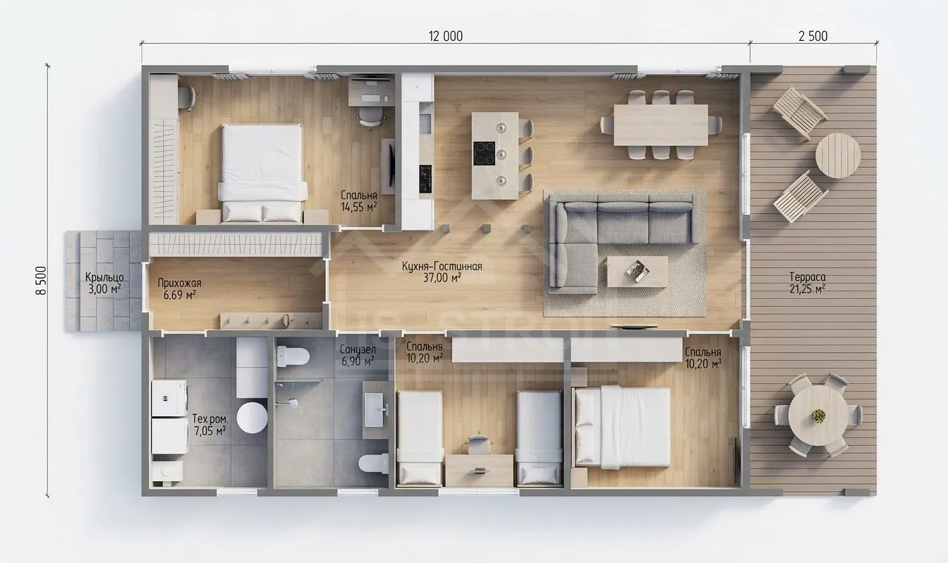 План 3D каркасный дом «Афина» 126 м²