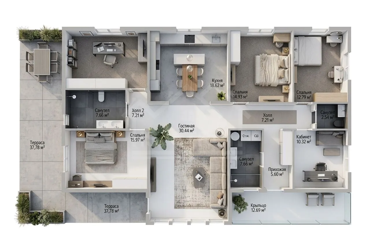 План 3D каркасный дом «Байкал» 215 м²