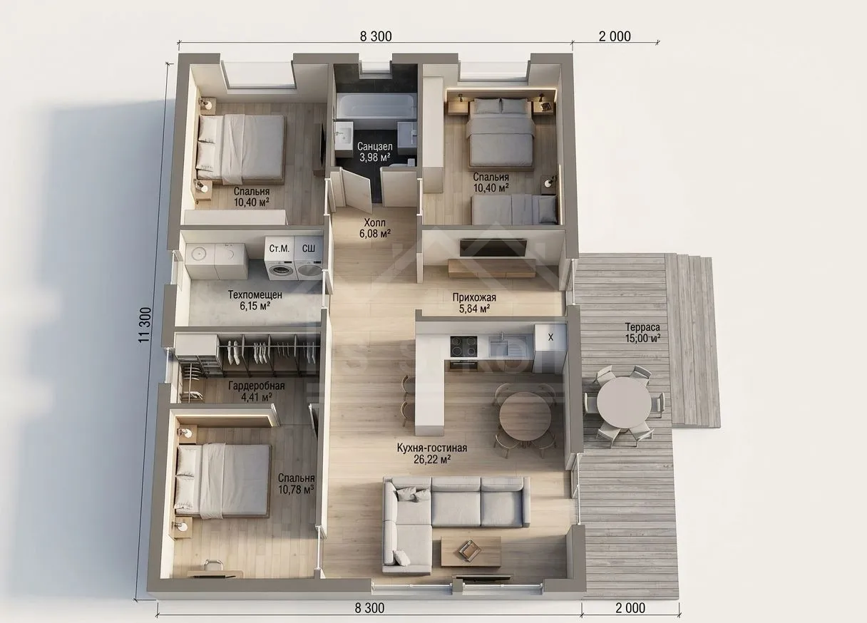 План 3D каркасный дом «Енисей» 108 м²