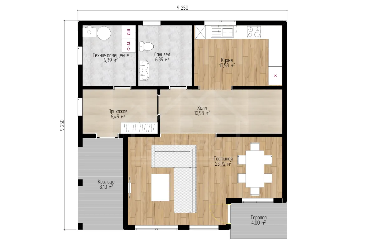 План 1-го этажа каркасный дом «Фантазия» 149 м²