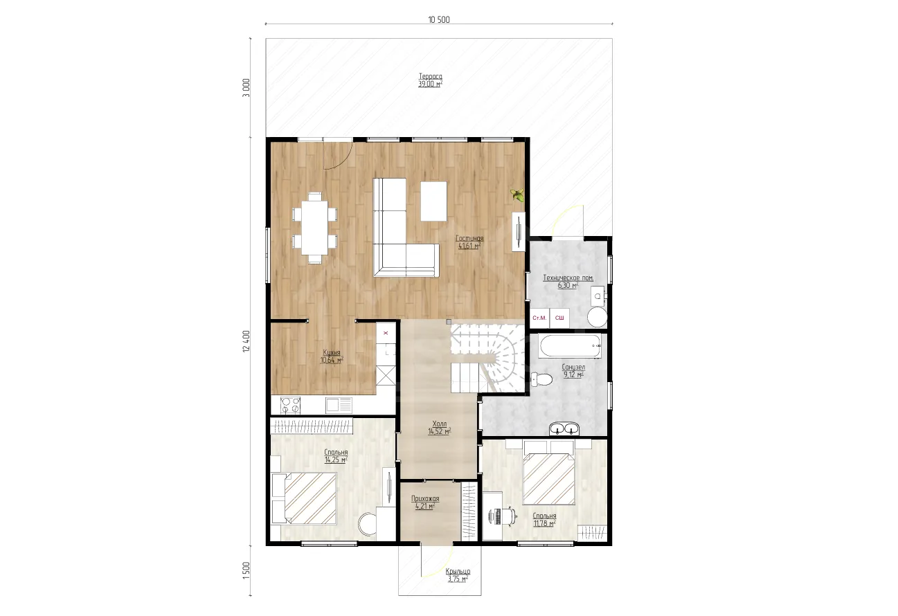 План 1-го этажа каркасный дом «Гамма XL» 185 м²