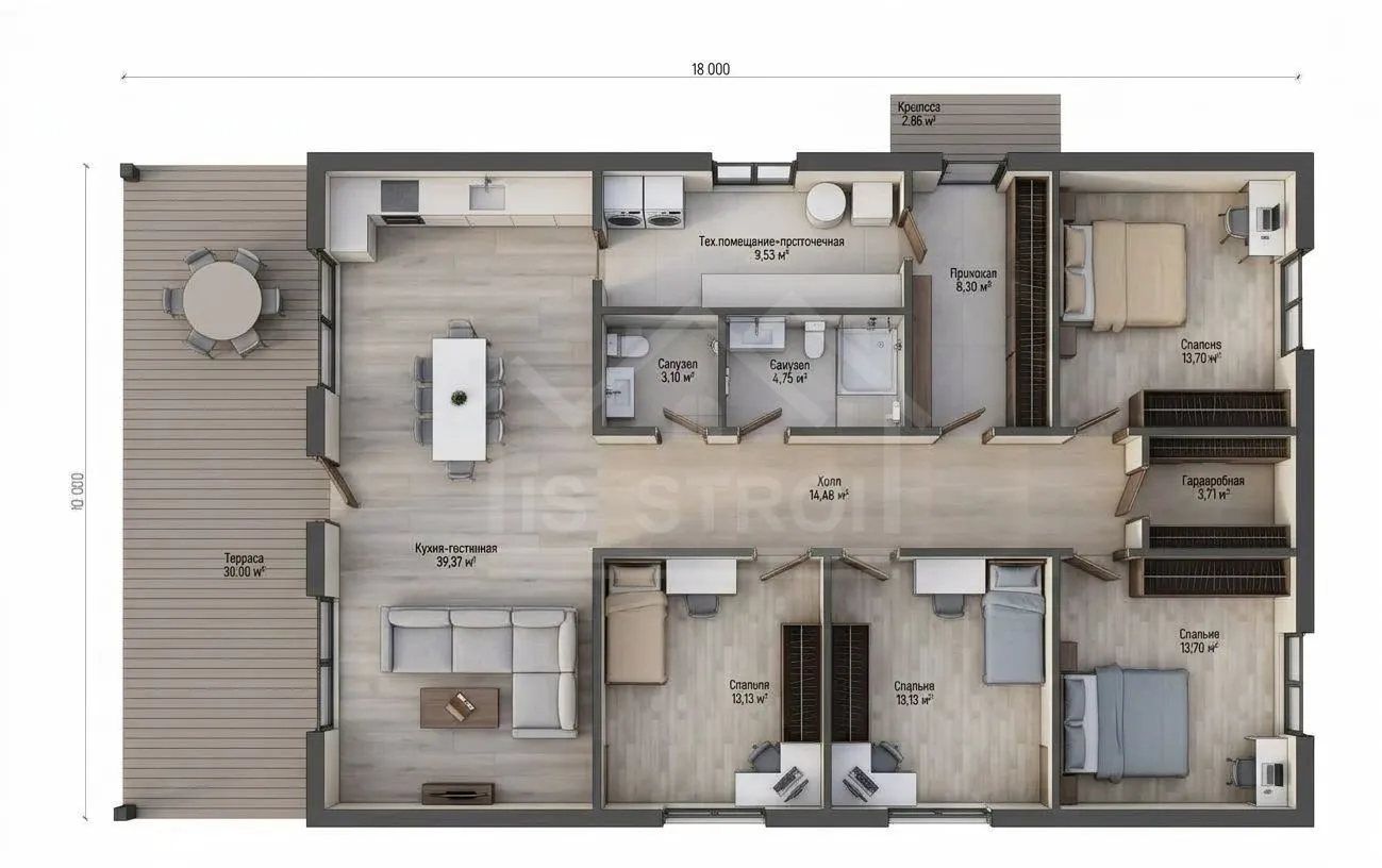План 3D каркасный дом «Гермес» 180 м²