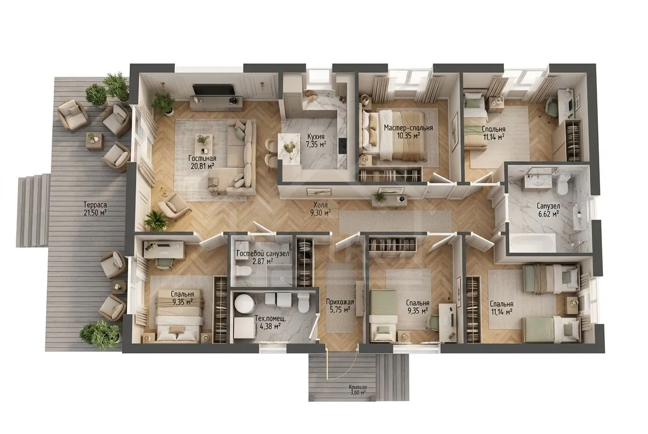 План 3D каркасный дом «Клаус» 145 м²