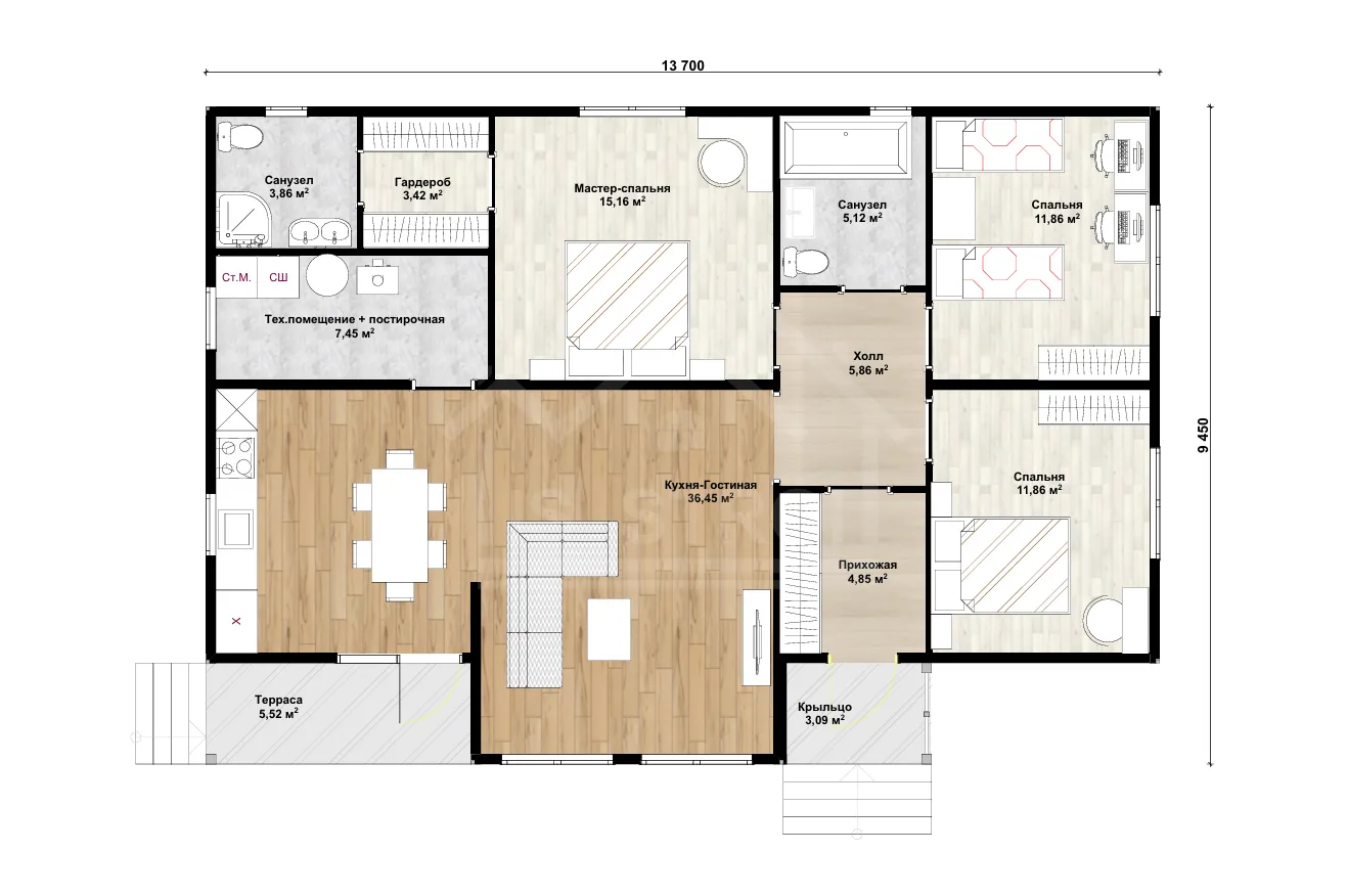 План дома каркасный дом «КомфортХаус» 125 м²