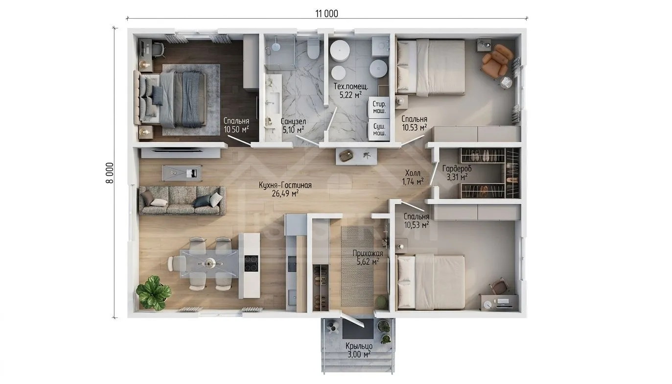 План 3D каркасный дом «Меркурий» 91 м²