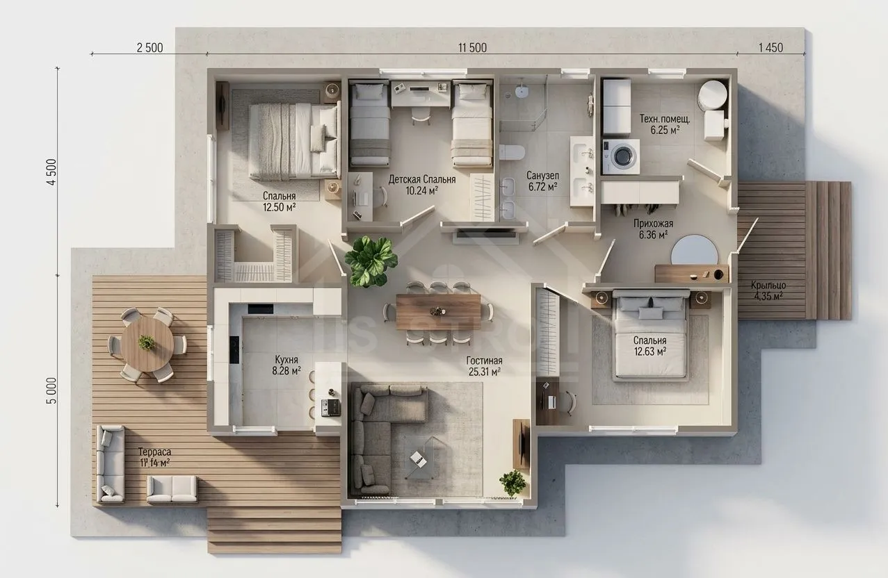 План 3D каркасный дом «Мираж» 119 м²