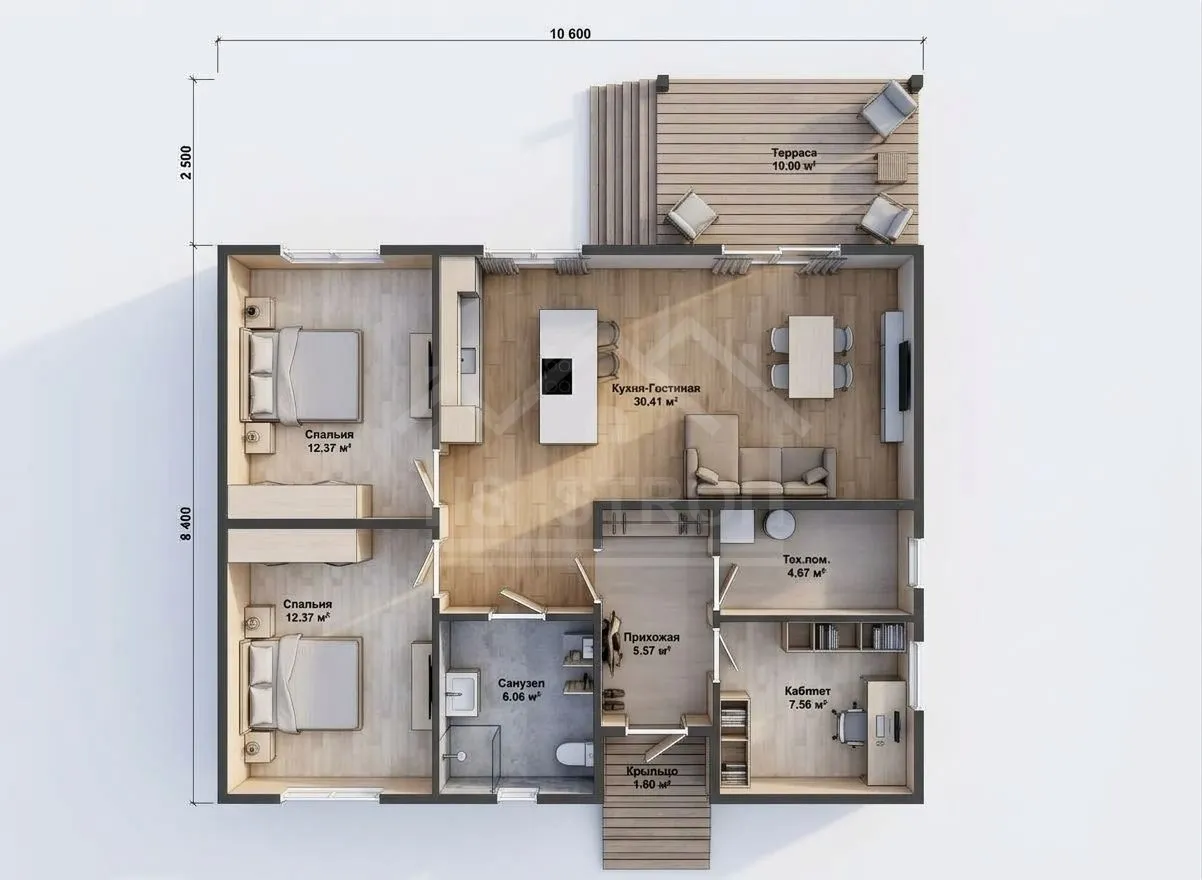 План 3D каркасный дом «Скай» 99 м²