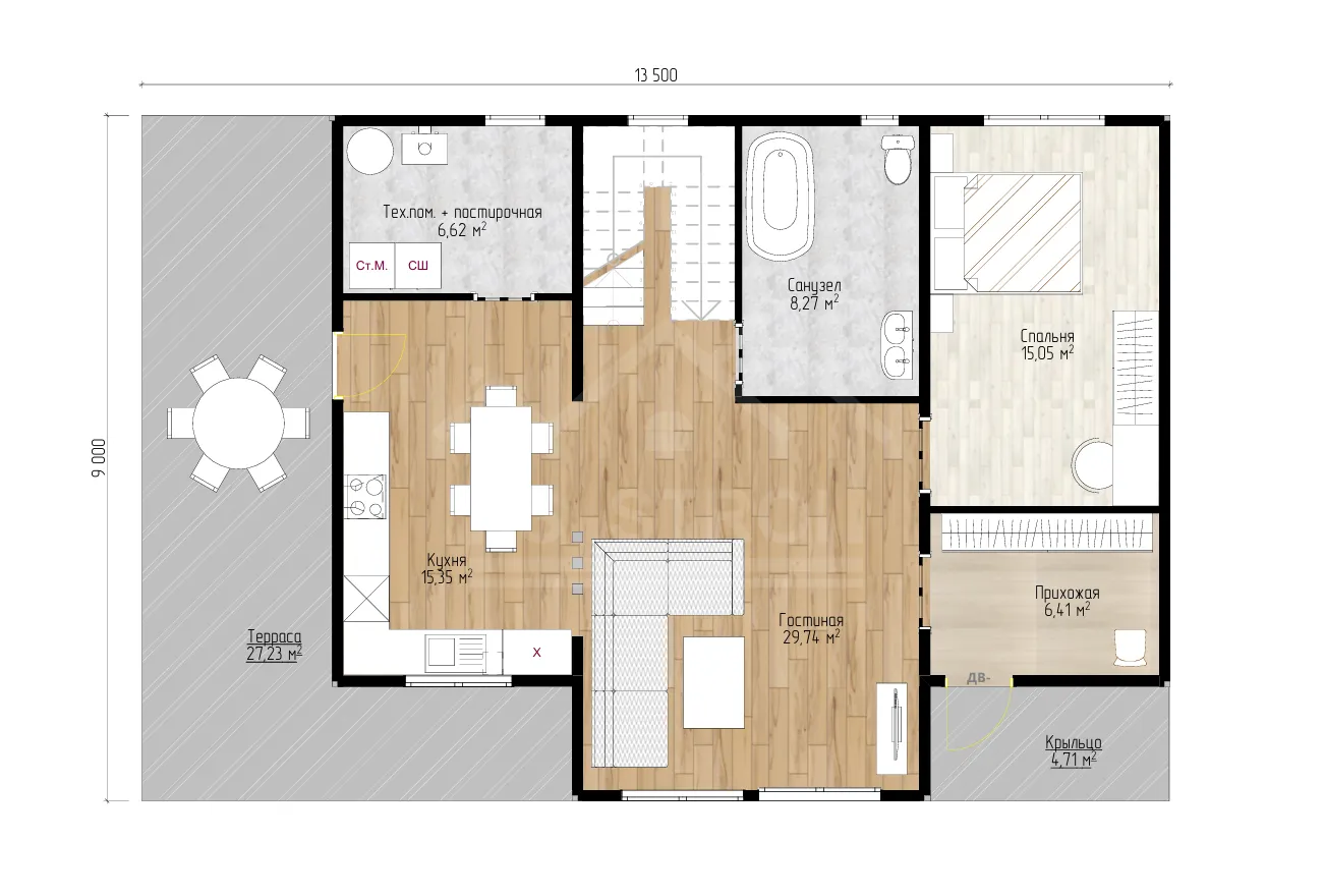 План1-го этажа каркасный дом «Вдохновение» 220 м²