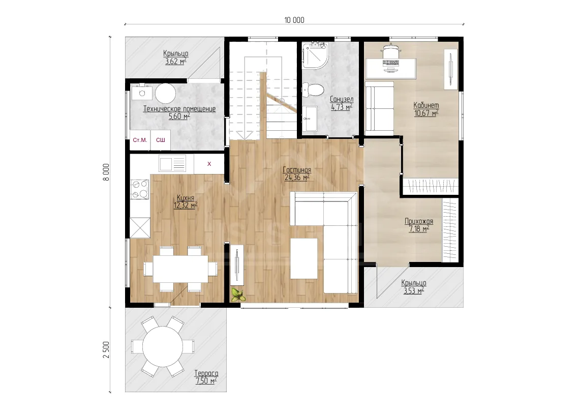 План 1-го этажа каркасный дом «Возрождение» 154 м²