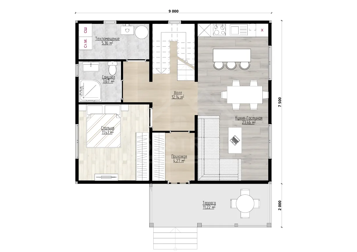 План 1-го этажа каркасный дом «Сириус» 146 м²