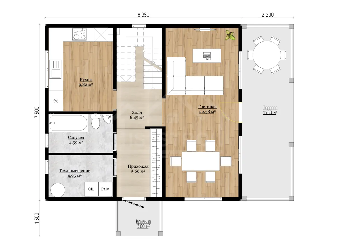 План 1-го этажа каркасный дом «Весна» 144 м²
