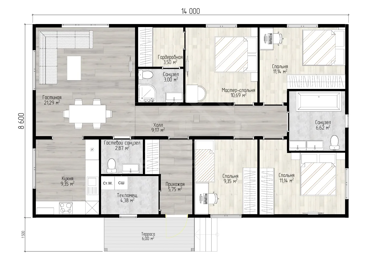 План 1-го этажа каркасный дом «Дантес» 127 м²