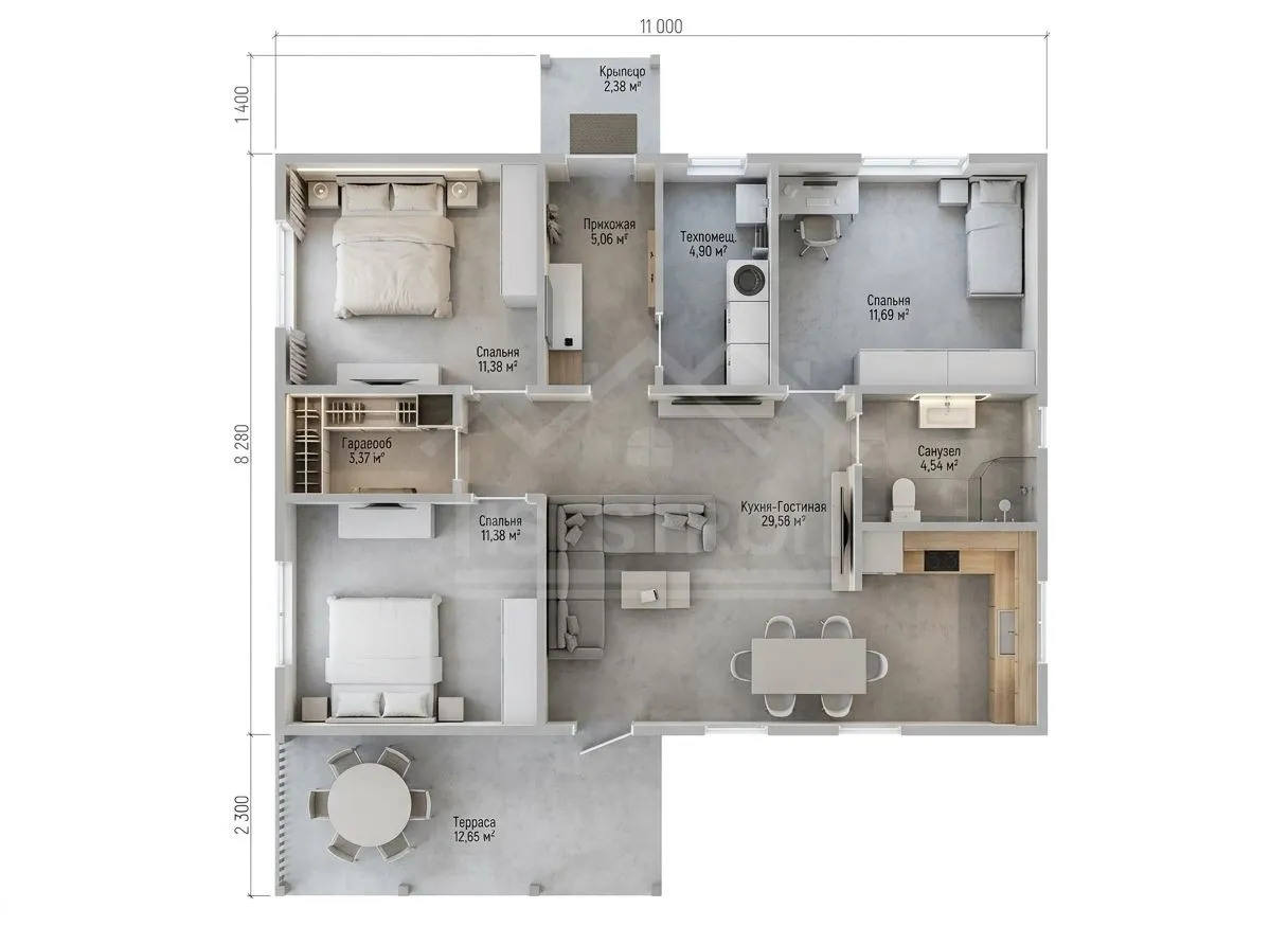 План 3D каркасный дом «Венера» 106 м²
