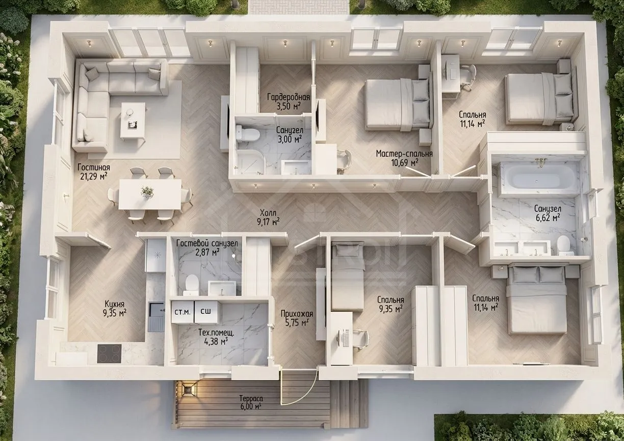 План 3D каркасный дом «Дантес» 127 м²