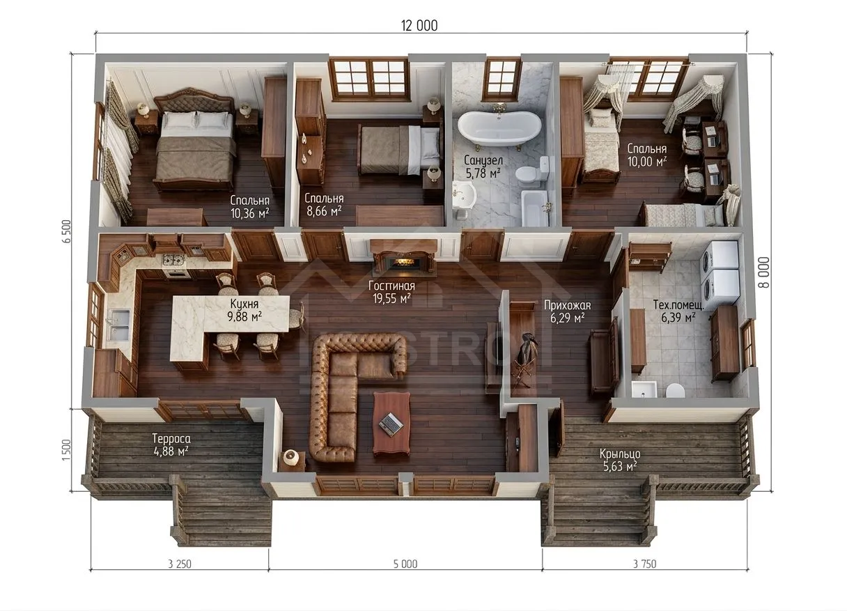 План 3D каркасный дом «Адажио» 96 м²